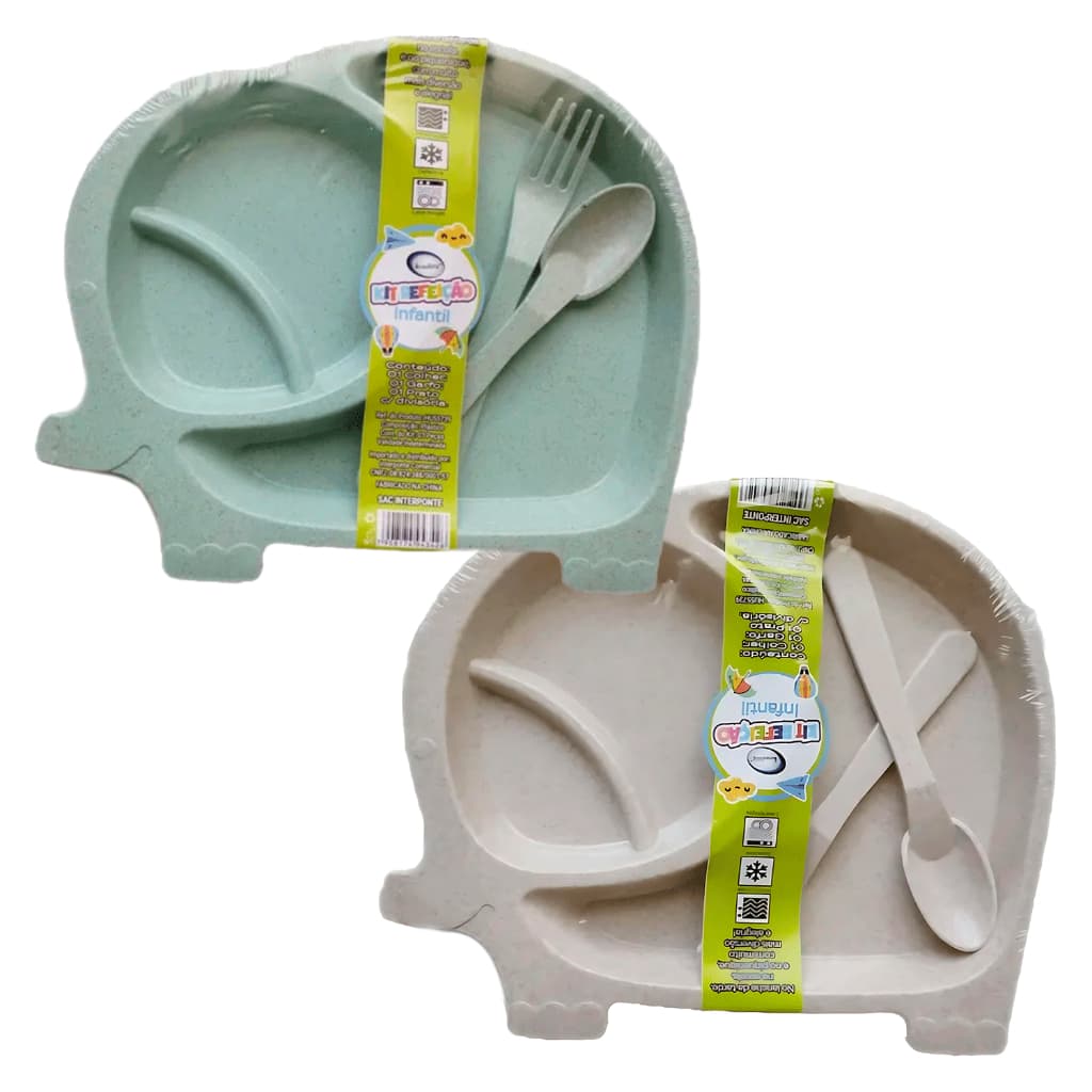 Kit Alimentação Infantil com Prato com divisórias, Garfo e Colher Jogo para Criança em Plástico Durável Livre de BPA