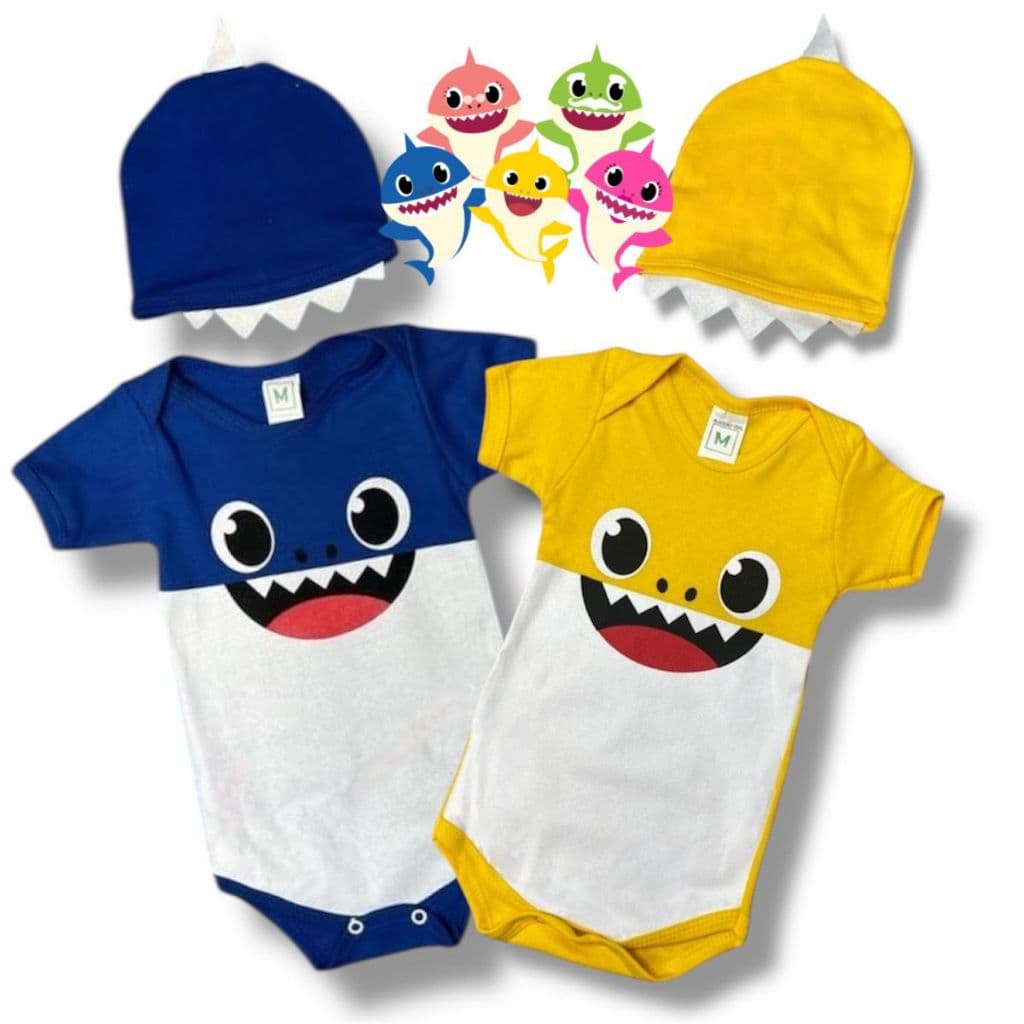 Kit Body Bebê Baby Shark + Touca Temática Mesversário Menino Menina Estampas Variadas