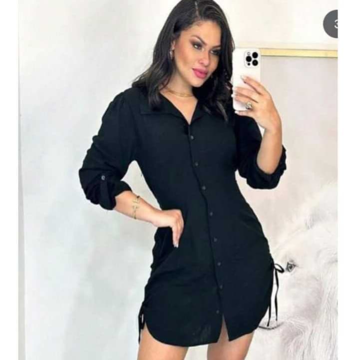 Vestido Chemise Feminino Liso Elegante Manga Longa com Botões Social Casual Premium