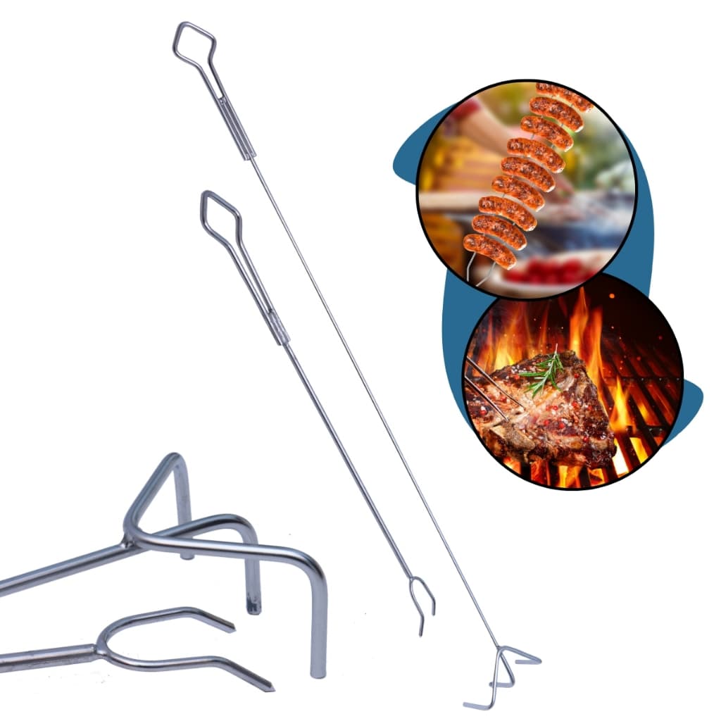 Kit Churrasco Aço Inox Inteiro 2 Acessórios Garfo + Rastelo Utensílios Aço Cozinha Mexedor Espalha Brasa Não Enferruja