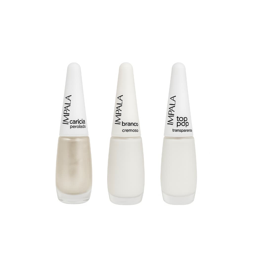 Kit Francesinha Impala 3 esmalte (carícia perolado, branco cremoso é top pop transparente 7,5ml