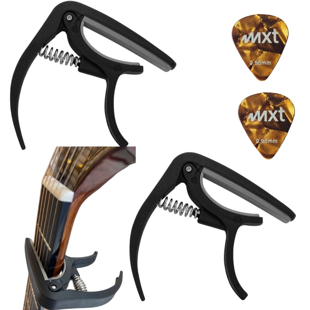 2 Capotrastes Bracadeira Mola Para Violao Guitarra Baixo Ukulele + 2 Palhetas