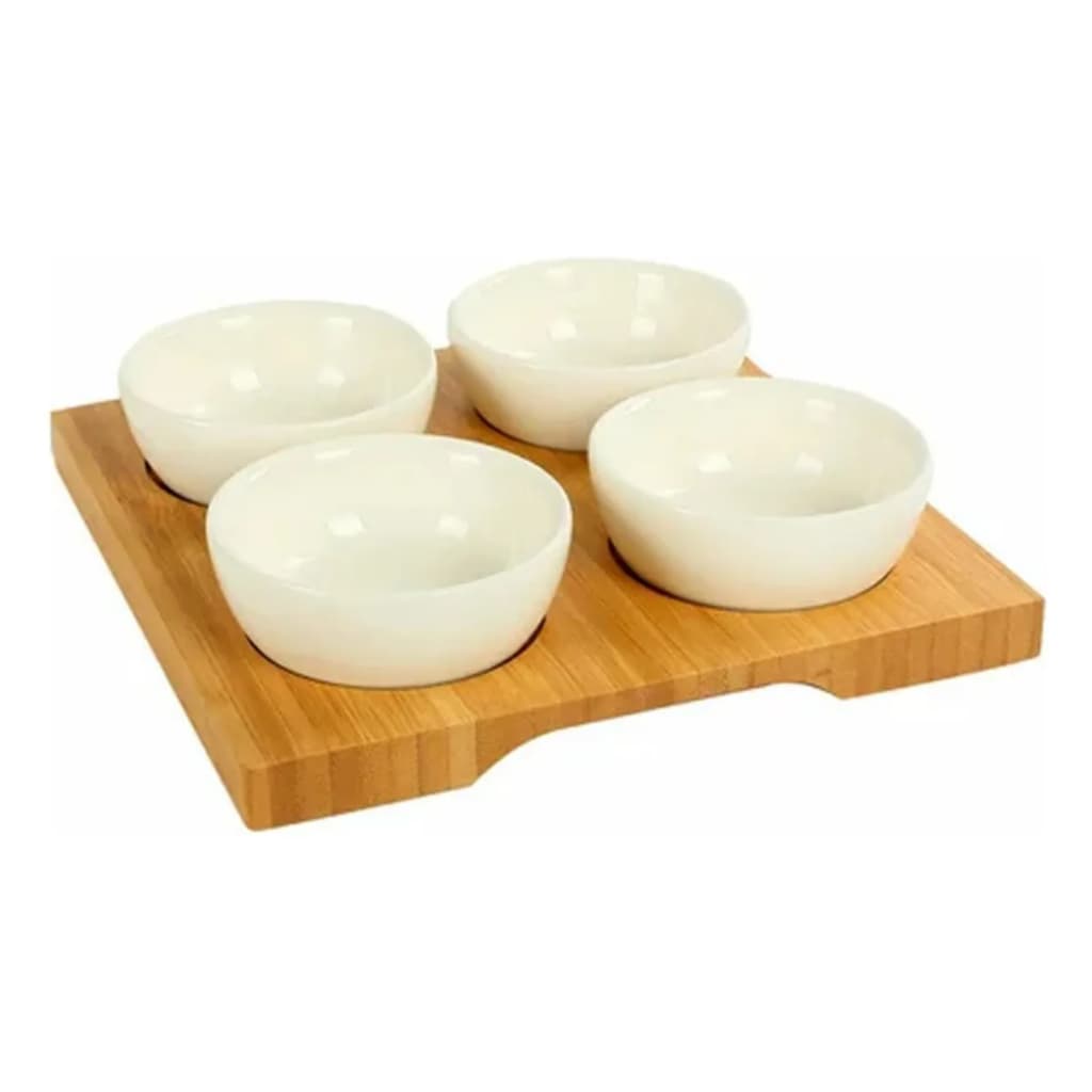 Petisqueira Bambu E Cerâmica 5 Peças 19,5x19,5cm Yoi Cor Marrom Com 4 Cavidades
