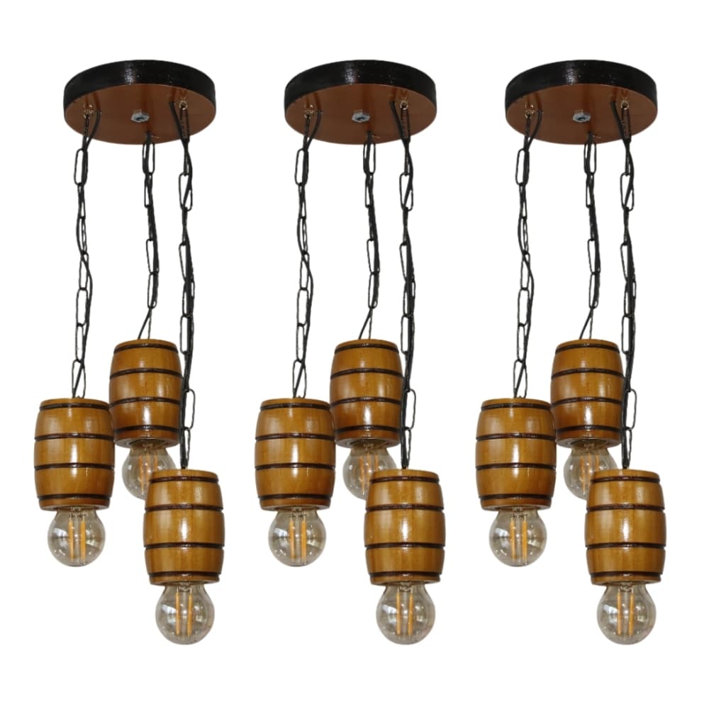 Kit 3 Luminária Pendente Lustre Rústico Vintage Colonial em Madeira Maciça Modelo Barril - Cerejeira