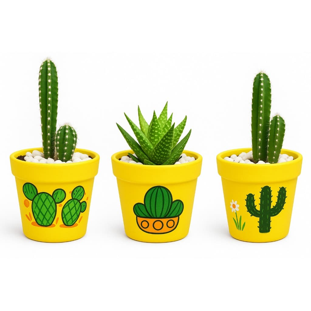 Trio de Vasos de Barro para Suculentas – Pintados à Mão com Estilo Artesanal e Exclusivo