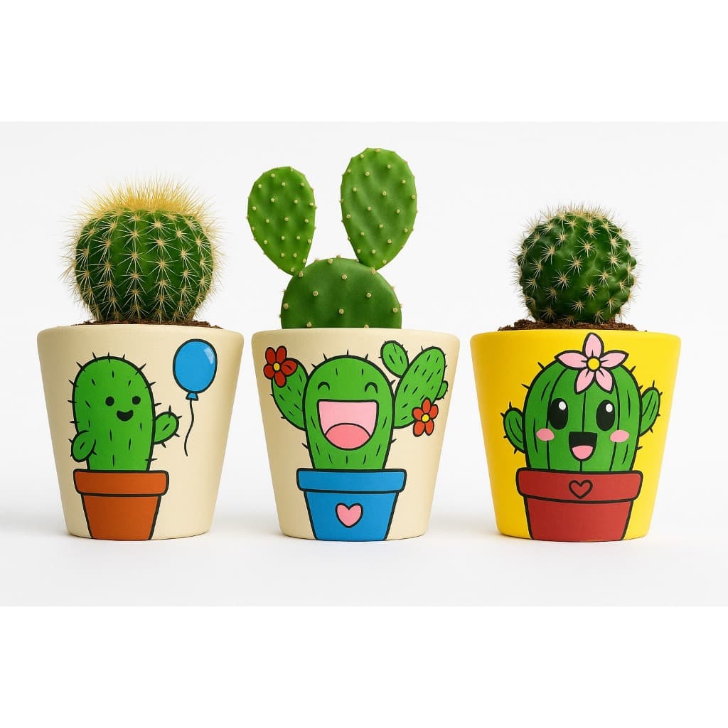 Trio de Vasos de Barro para Suculentas – Pintados à Mão com Estilo Artesanal e Exclusivo