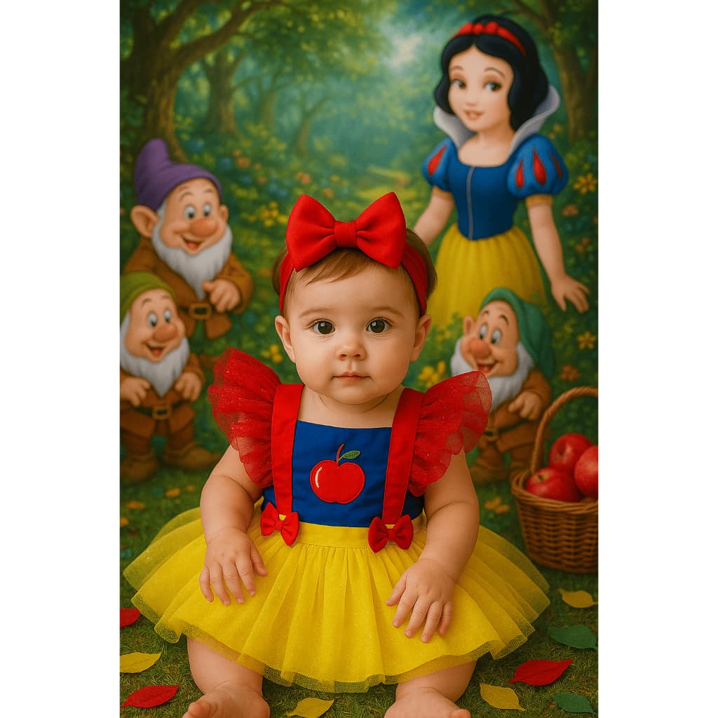 Jardineira Romper Saia Tule Glitter Glamour Luxo Branca de Neve Princesa Fantasia Bebê Mesversário