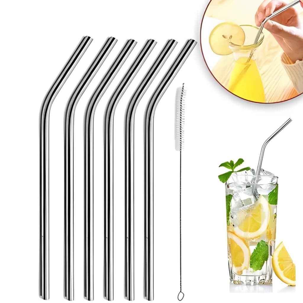Canudo Inox Reutilizável 21cm Kit 6 Peças + Escova Limpeza Sustentável Bebida Suco Copo Aço Inoxidável Megagift