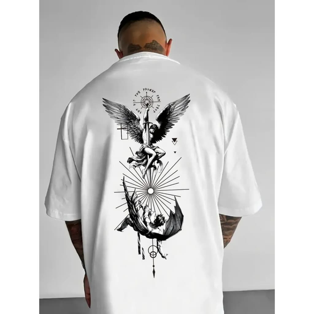 Camiseta Masculina Streetwear Camisa Algodão Infantíl PlusSize Casual Anjo Espada Guerra Caído