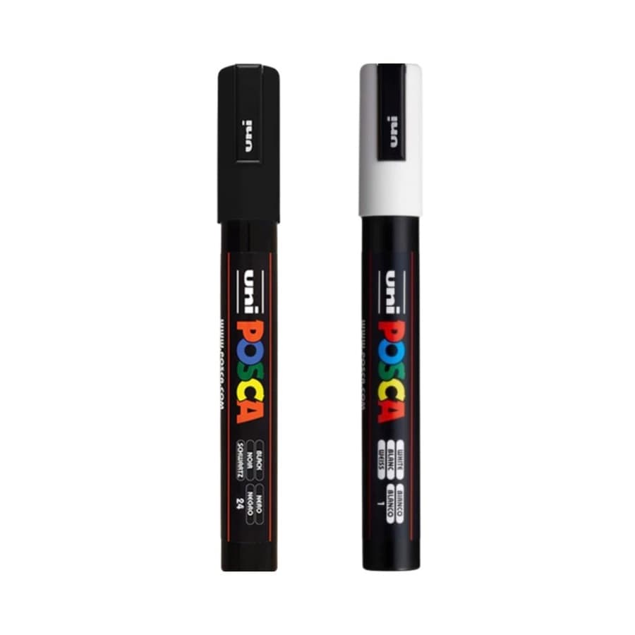 Kit Canetas Posca Marcador Uni-ball Preto e Branco PC-5m Ponta Média 2.5mm Papelaria Arte Escritório