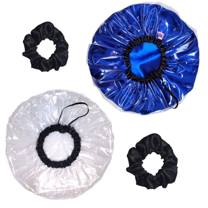 Kit 2 Touca Plástica de Banho de Cetim, Touca Plástica De Banho e Scrunchie de Cetim
