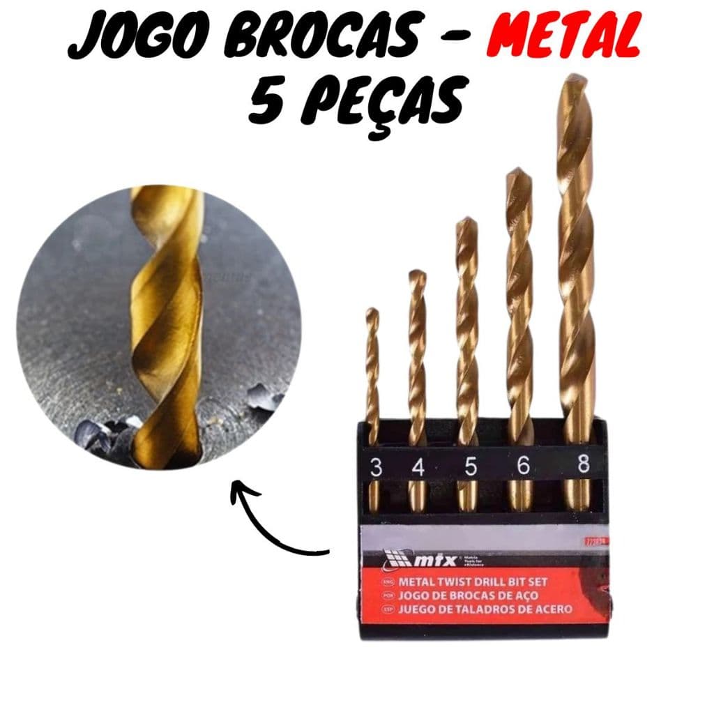 Jogo de Broca Metal Aço Rápido (3/4/5/6/8mm) - MTX