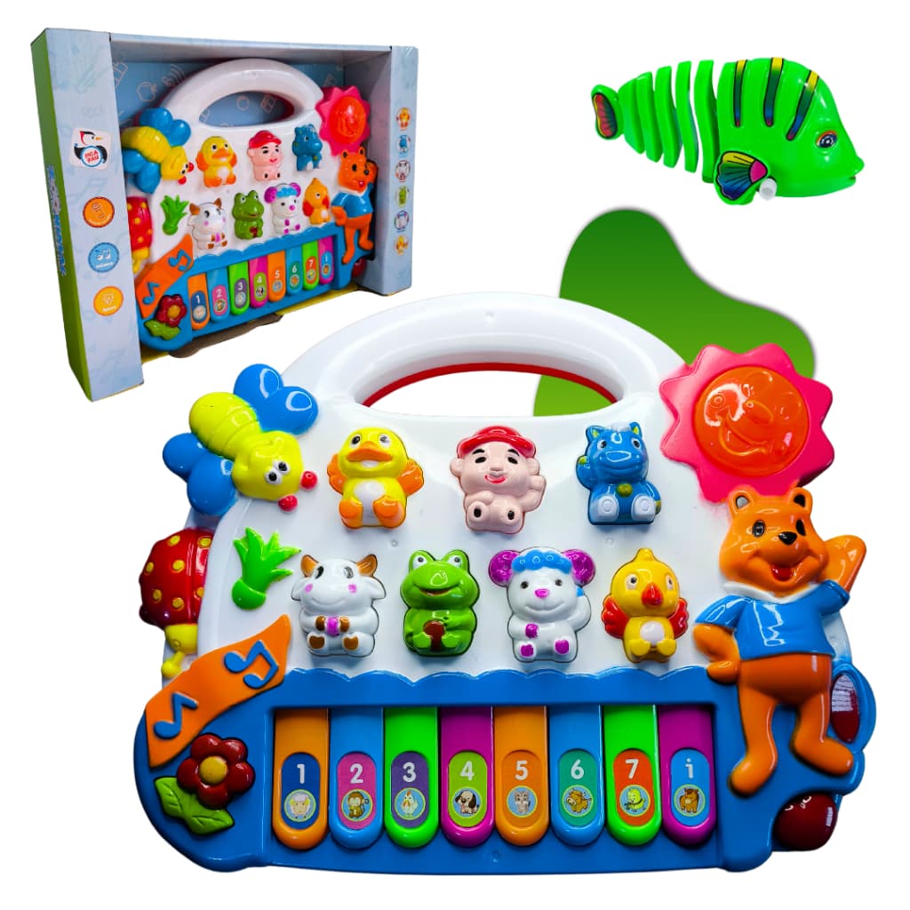 Piano musical animais brinquedo infantil com luzes e som + peixe de corda