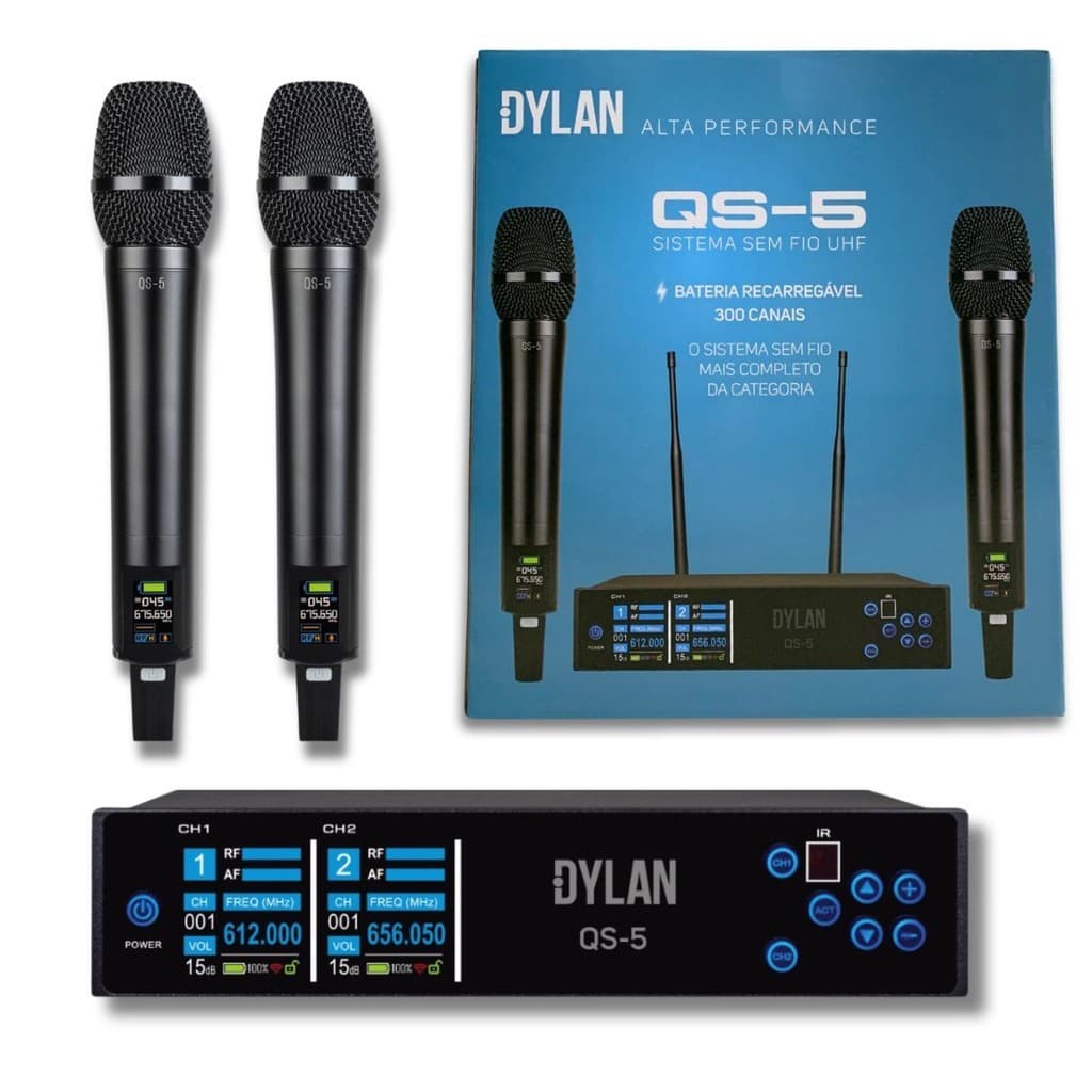 Microfone Dylan Duplo Qs-5 Profissional Sem Fio Dinâmico Mão
