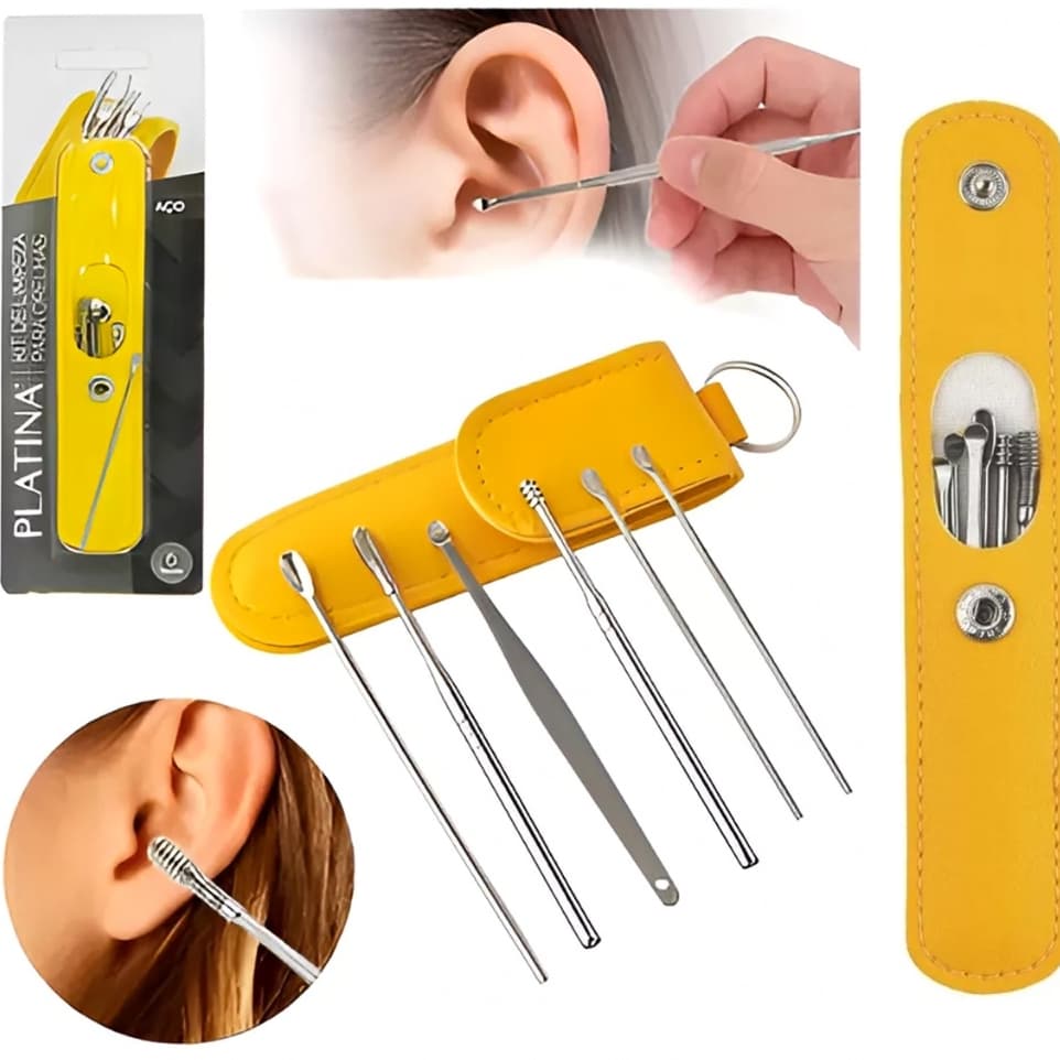 Kit 6 Cotonete Limpeza de Ouvido Removedor De Cera De Orelha + Estojo 6 peças Aço Inox OI-5047