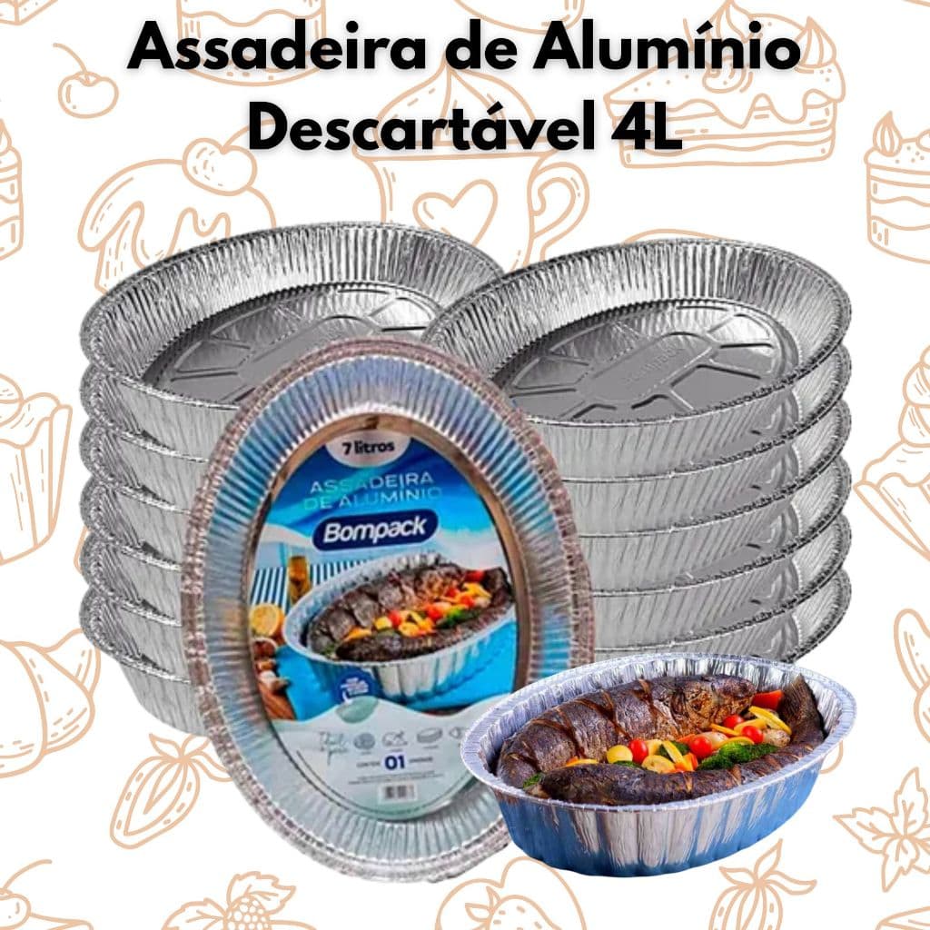 FORMAS ASSADEIRAS DESCARTAVEIS BOMPACK 4 LITROS 5 UNIDADES ASSAR, CARNES, SERVIR MAIONESES ETC