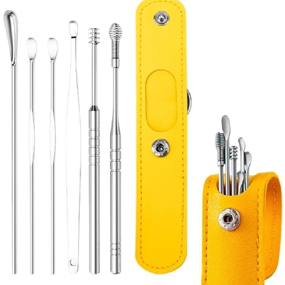 Kit 6 Cotonete Limpeza de Ouvido Removedor De Cera De Orelha + Estojo 6 peças Aço Inox