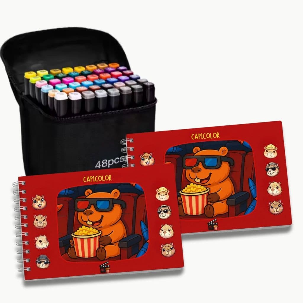 Kit Capicolor Filmes Séries 2x + Estojo 48 Cores Canetinhas Holográfica Acetato Capivara Qualidade