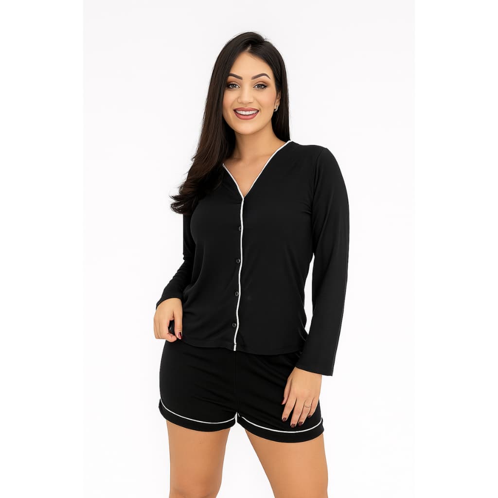 Pijama Feminino Americano Manga Longo De Botões Adulto Blusa shorts baby doll