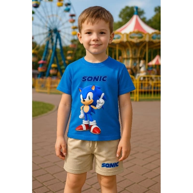 Conjunto Infantil Sonic Camiseta Algodão Premium + Bermuda Moletom c/ Bolso Festa 2 ao 16 Azul e Preto