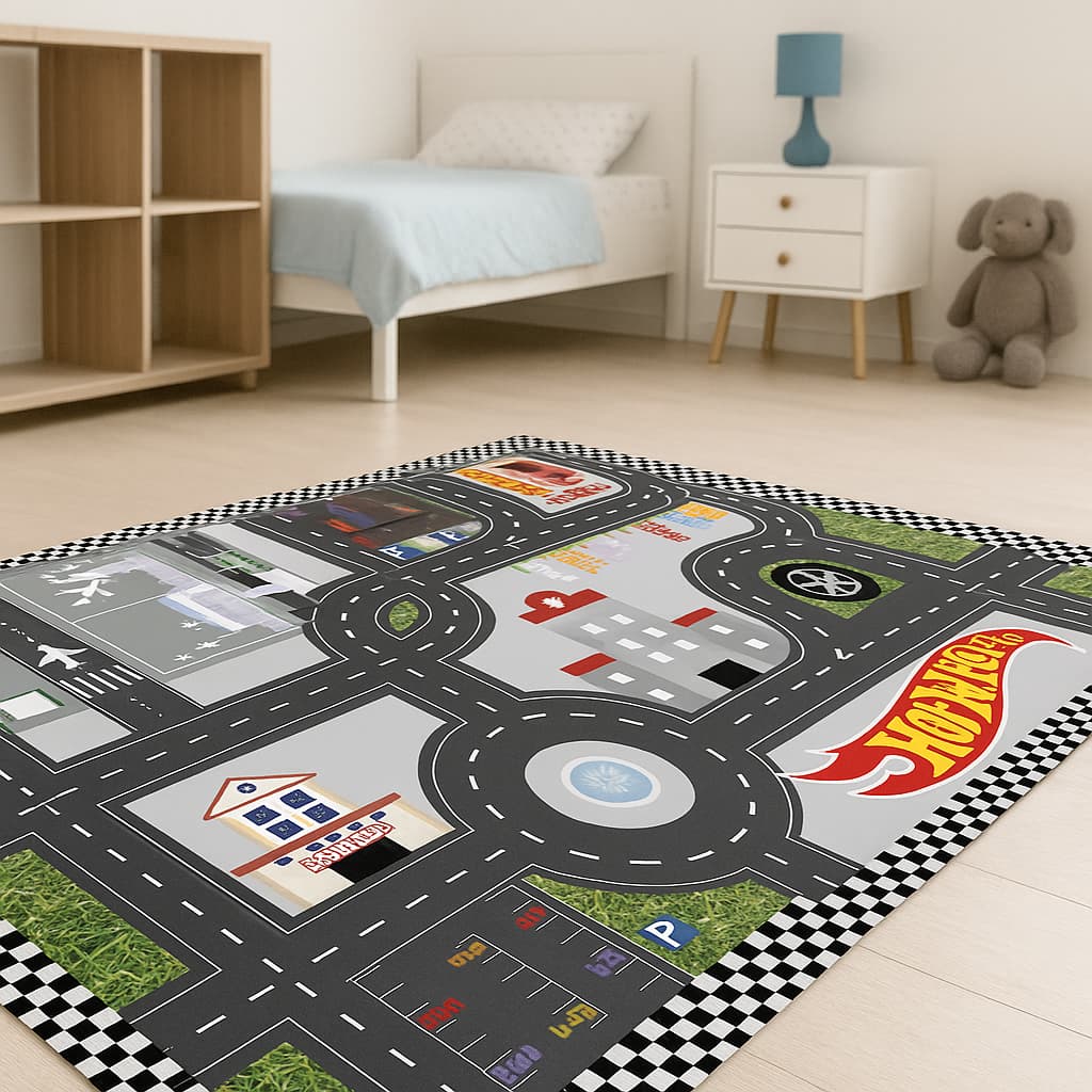 Tapete Hot Wheels Cidade Grande 160x77cm – Dobrável, Lavável e com 3 Carrinhos