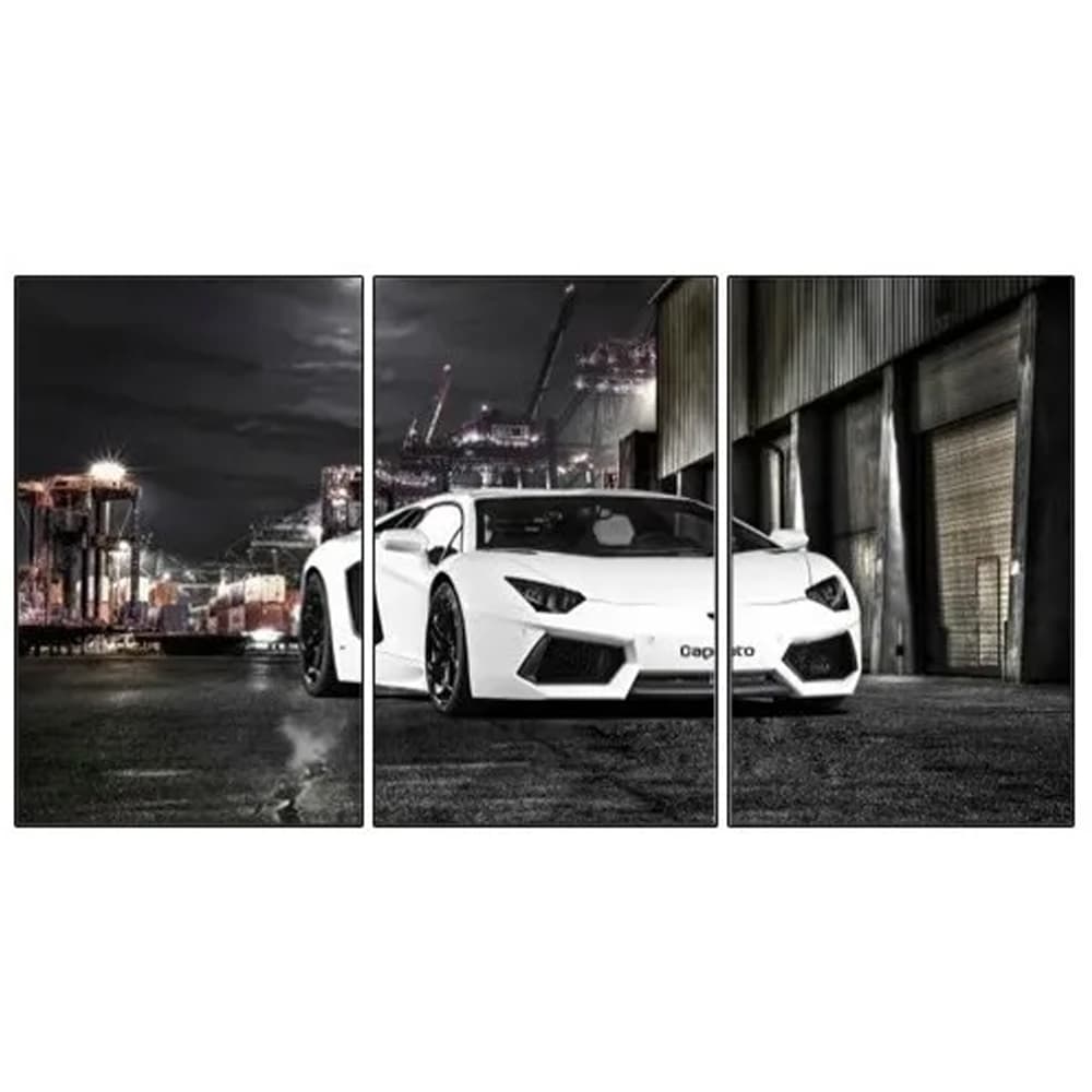 Quadro Decorativo 3 Peças Lamborghini Branca Carro Esportivo Motor Automovel Potente Velocidade