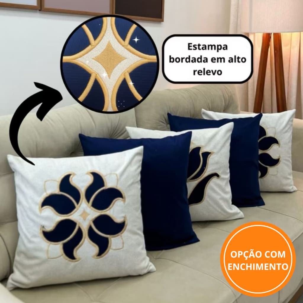 KIT 5 ALMOFADAS LUXO COM ENCHIMENTO | ESTAMPA BORDADA EM BOUCLÉ | DECORAÇÃO PARA SOFÁ, CAMA E QUARTO