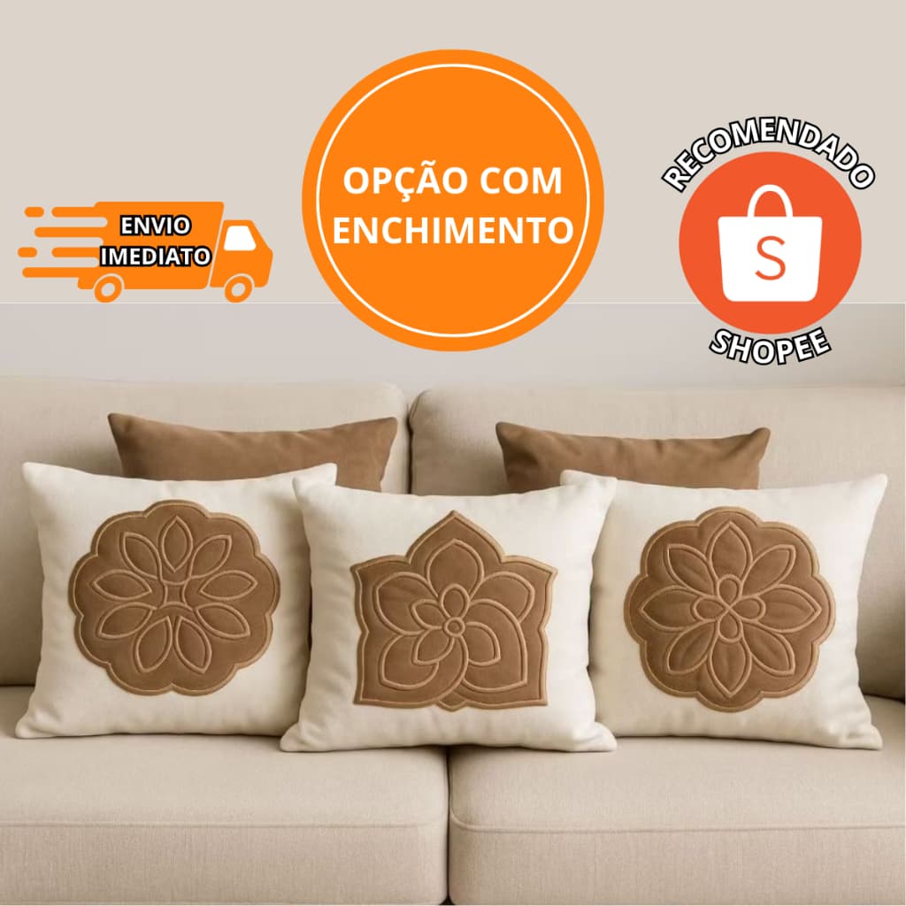 KIT 5 ALMOFADAS DECORATIVAS LUXO | 3 BORDADAS EM BOUCLÉ + 2 LISAS EM SUEDE | COM OU SEM ENCHIMENTO | 45x45
