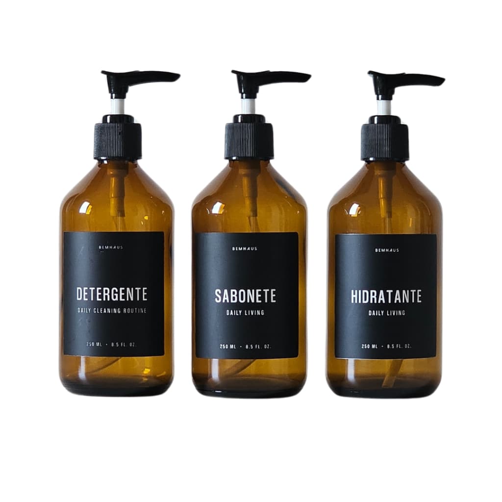 Frascos Âmbar de Vidro Diversos Minimalista - 250 ml ou 500 ml - Rótulo Preto - Bemhaus