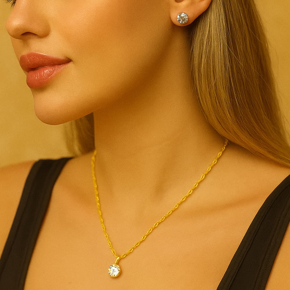 Conjunto Colar e Brinco em pedraria Ponto de Luz Folheado Banhado Ouro 18k Dourado Semijoia Minimalista luxo Elegante