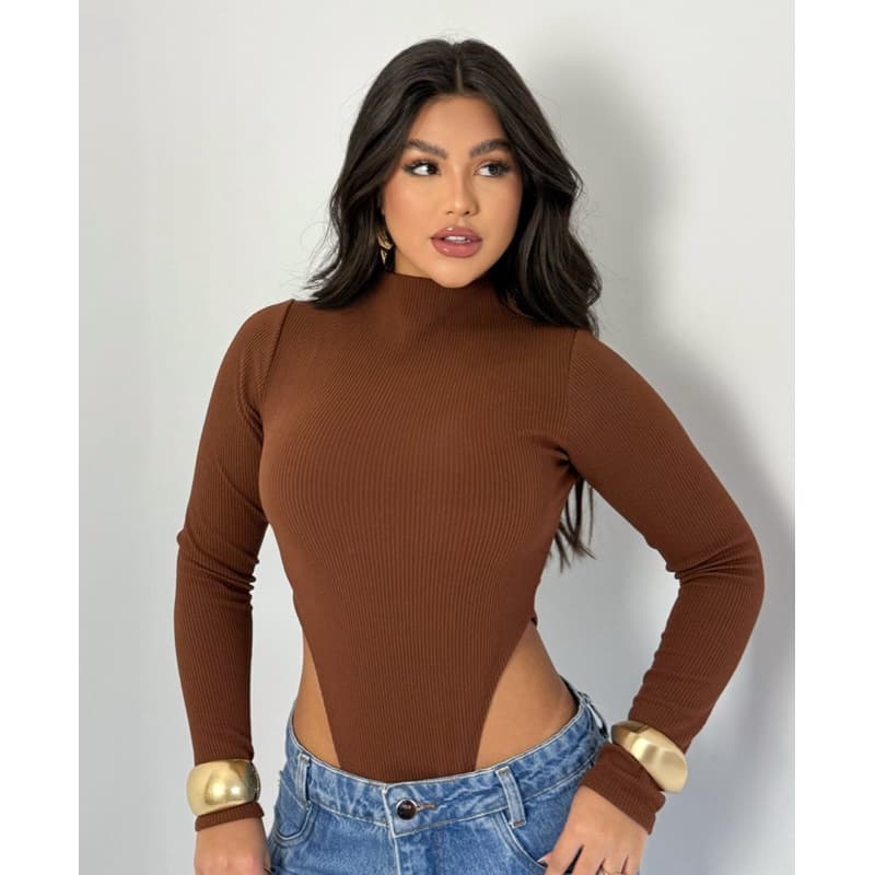 Body Feminino Manga Longa Gola Alta Cavadão nas Laterais Gringa Estilosa gringa sem bojo tendência outono inverno