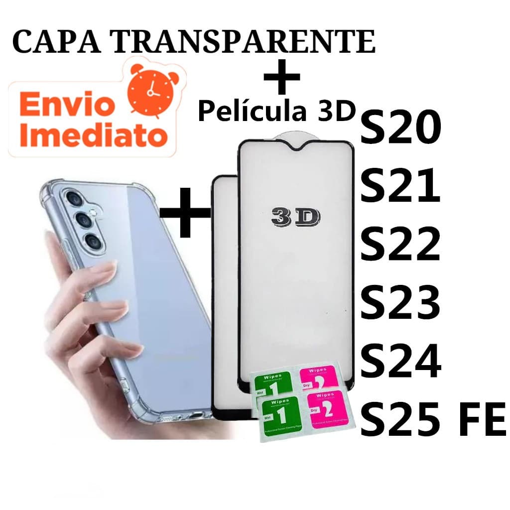kit Película Vidro Temperado 3D + Capa transprent Tpu Anti Impacto P/ Samsung s20 s21 s22 s23 s24 s25 FE plus