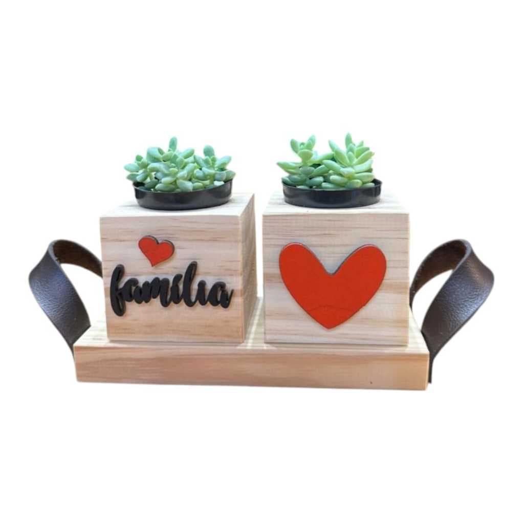 Vasinhos Decorativos  em Madeira Pinus Kit com 2 vasinhos mais Bandeja com alça courino