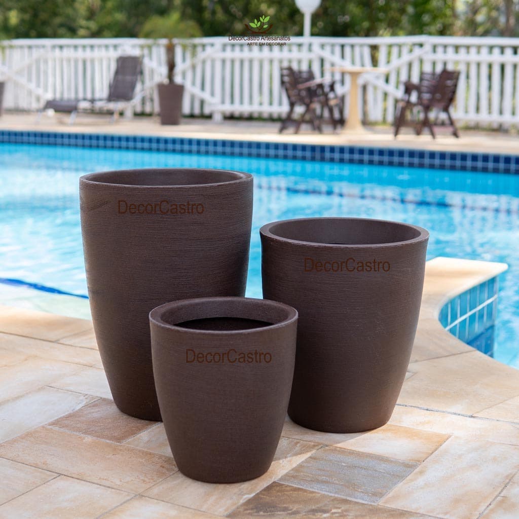 Kit 3 Vasos para Plantas Coluna Texturizada Jateada P/M/G em Polietileno Decorativo Jardim Moderno