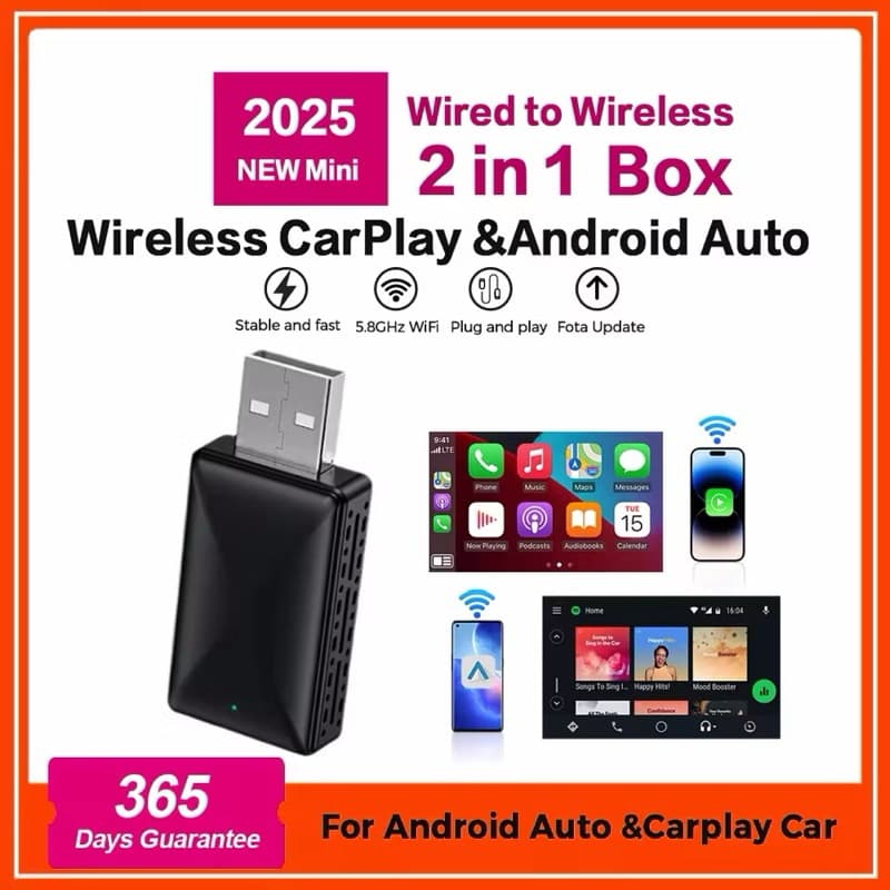 Adaptador Wireless Bluetooth CarPlay & Android Auto 2 em 1 – Conexão Sem Fio via Wi-Fi para Centrais Multimídia