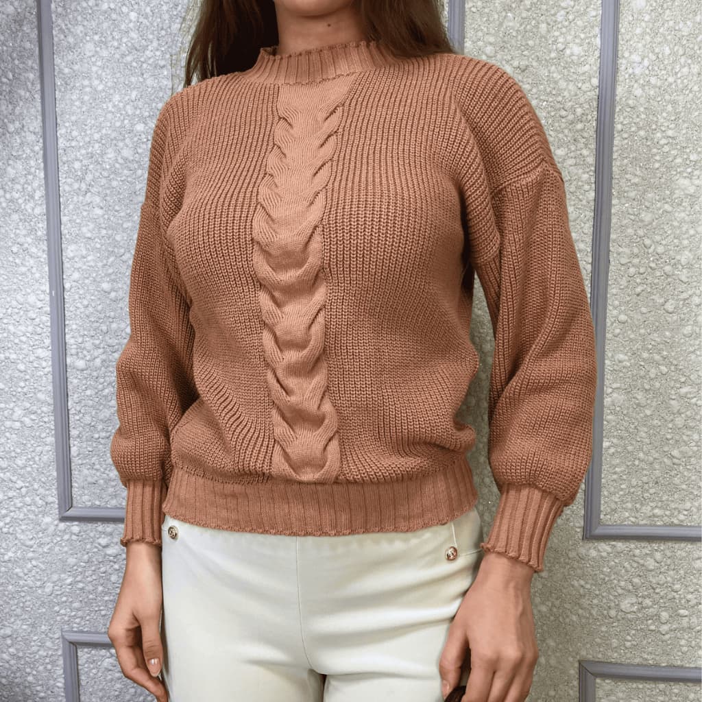 Blusa de Frio Feminina Tricot Suéter Manga Longa Bufante Trançado Inverno Lã