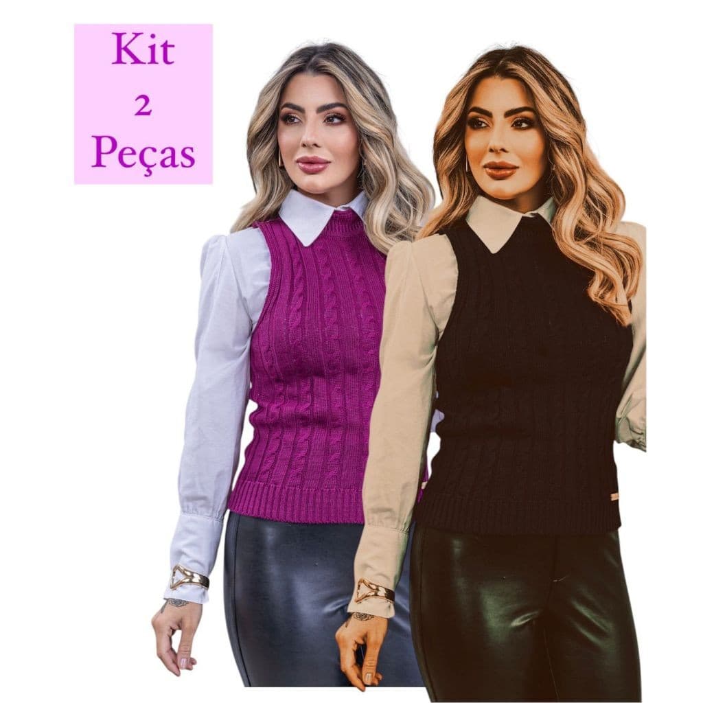 kit 2 Peças Tricot Garrafinha Colete Trança Blusinha Moda Tendencia Feminina Inverno Verão