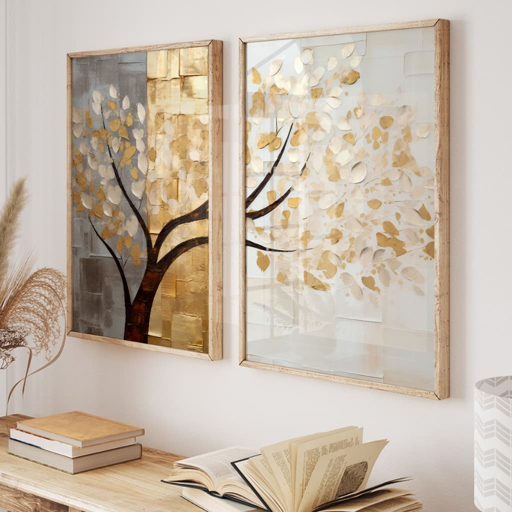 Kit 2 Quadros Decorativos com Moldura Sala Quarto Árvore da Vida Abstrato Folhas Douradas Elegante