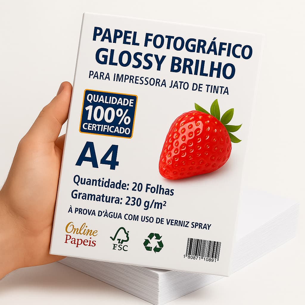 Papel Fotográfico A4 230g Glossy 20 folhas Premium para Impressão Fotográfica