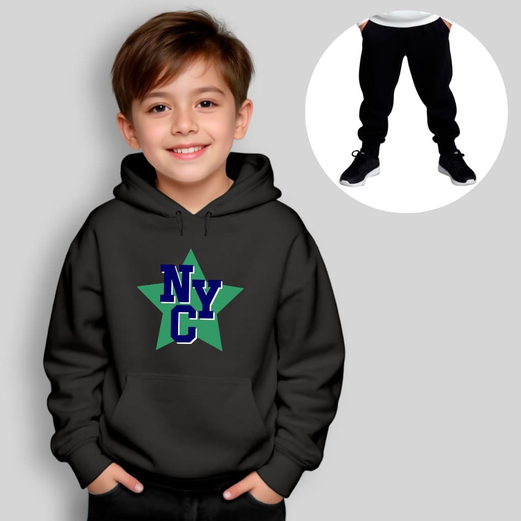 Conjunto Moletom Infantil Canguru + Calça Estampado NYC Estrela Inverno Menino Menina