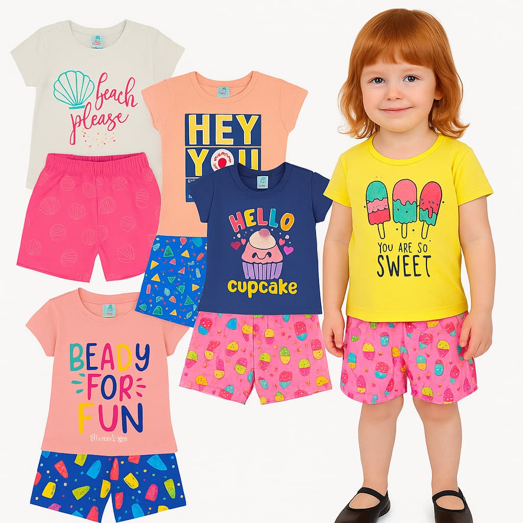 Kit 4 Peças Roupa Infantil Juvenil Menina 2  Camisas + 2 Shorts Barato Tam 2  ao 8 - Sortidos