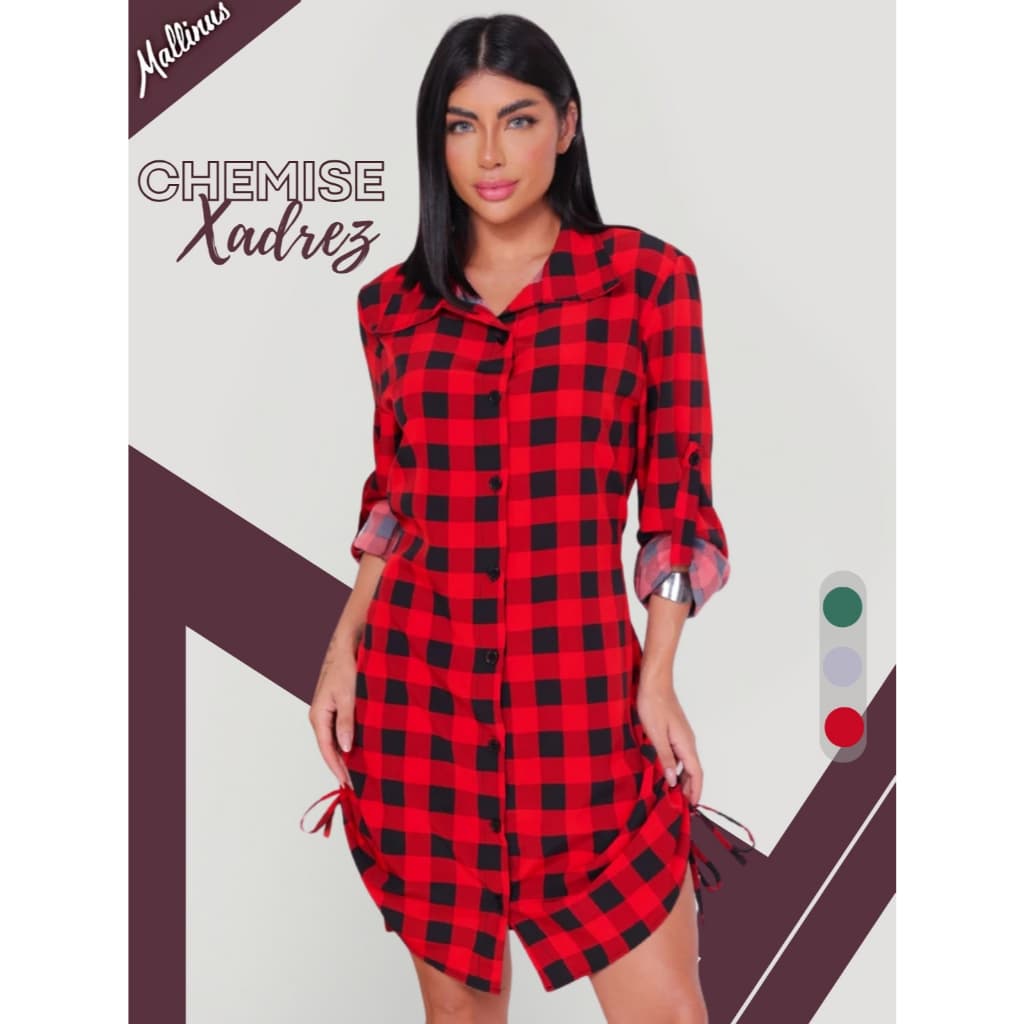 Vestido Feminino Chemise Xadrez Latex Acinturado Manga Longa Ajustável Botões Moda Blogueira