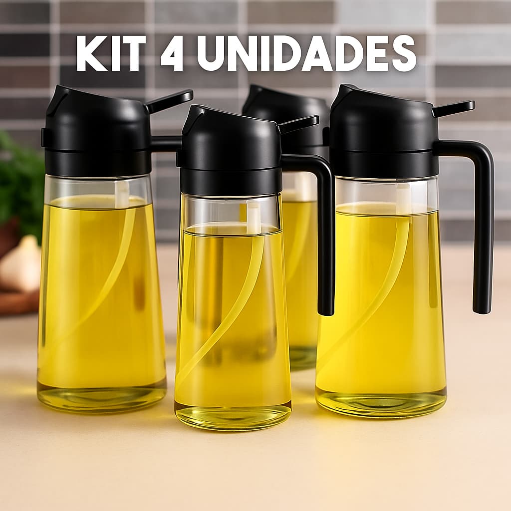 Azeiteiro Vinagreiro Spray Vidro KIT 4 Peças + Bico Dosador + Tampa e Alca Plastico 470ml Galheteiro
