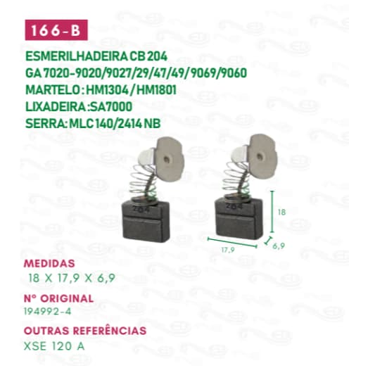 Escovas de carvão para esmerilhadeira CB 204 GA 7020-9020/9027/29/47/49/ 9069/9060