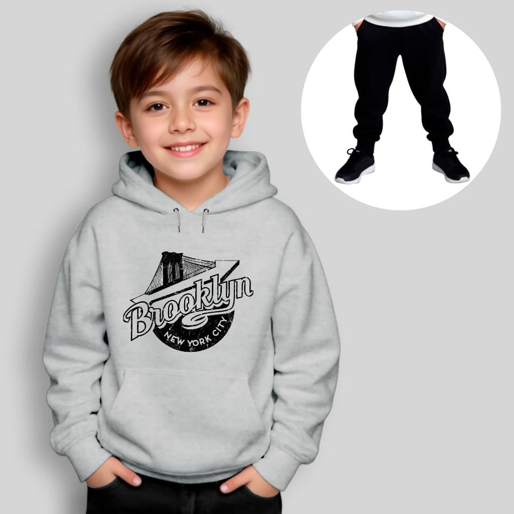 Conjunto Moletom Infantil Canguru + Calça Estampado Brooklyn Vintage Inverno Unissex
