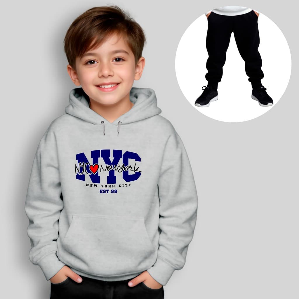 Conjunto Moletom Infantil Canguru + Calça Estampado NYC New York City Inverno Menino Menina