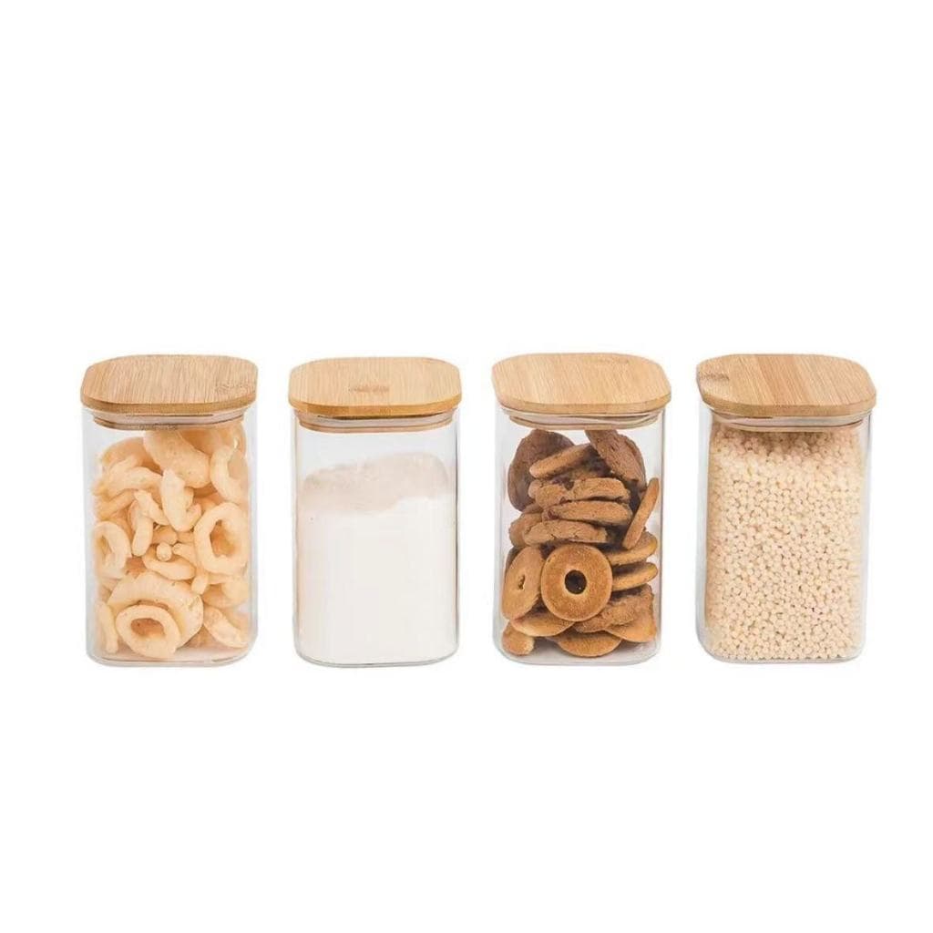 Kit 4 potes de vidro ( quadrado )com tampa de bambu herméticos para mantimentos 300ml