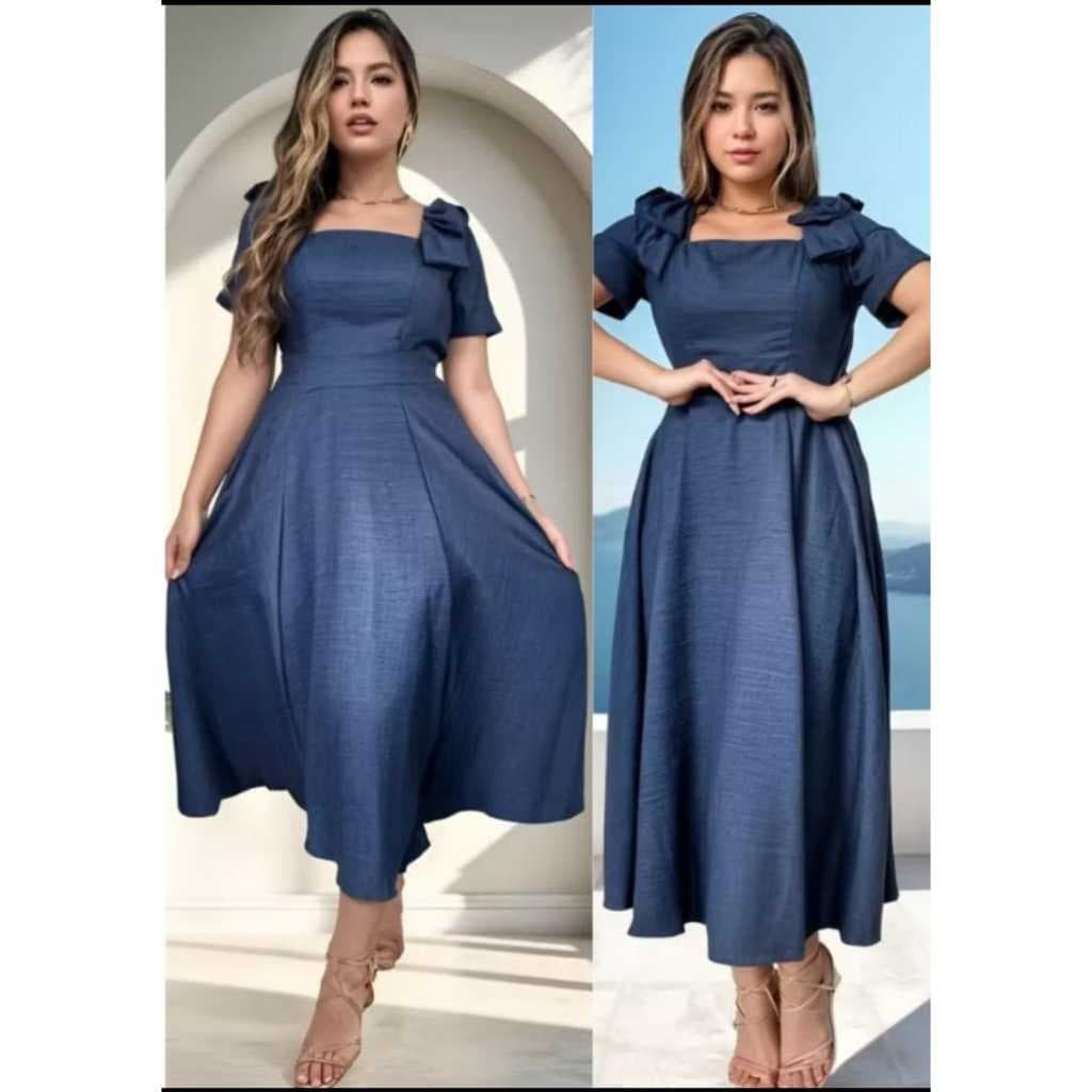 Vestido Mídi feminino Com Manga Duna Linho Com Laço Na Ombro Tem Bojo e Forro Tendencia 2025