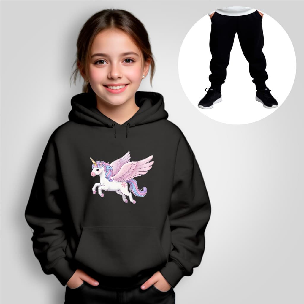 Conjunto Moletom Infantil Rosa Canguru + Calça Estampado Unicórnio Fada Inverno Menina