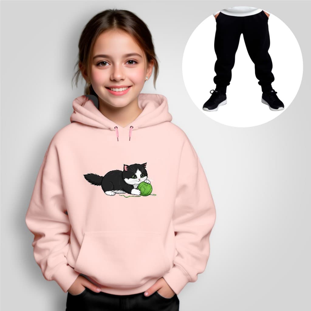 Conjunto Moletom Infantil Canguru + Calça Estampado Gato Novelo Inverno Unissex